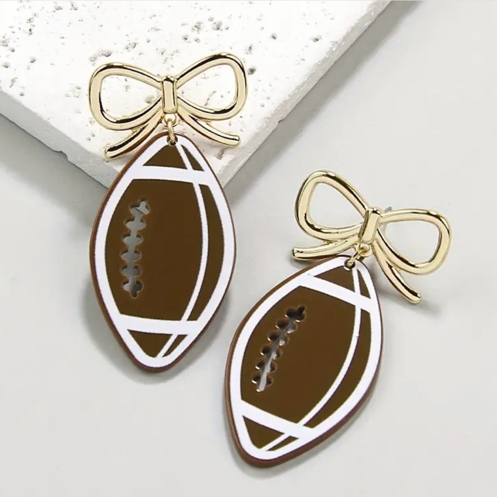 🏈 Football Bow Dangle Earrings Gold Tone Game Day NWT